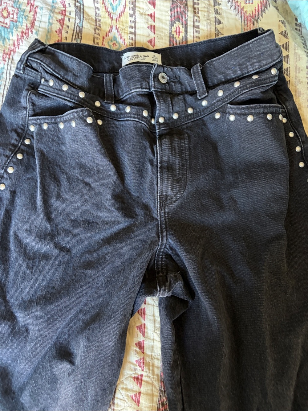 Abercrombie & Fitch Black High-Rise Jeans with Pearl Studs